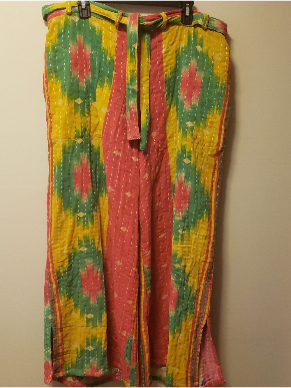 Boho Wide Leg Cotton Vibrant Multicolor Kantha Pants with Front Tie
